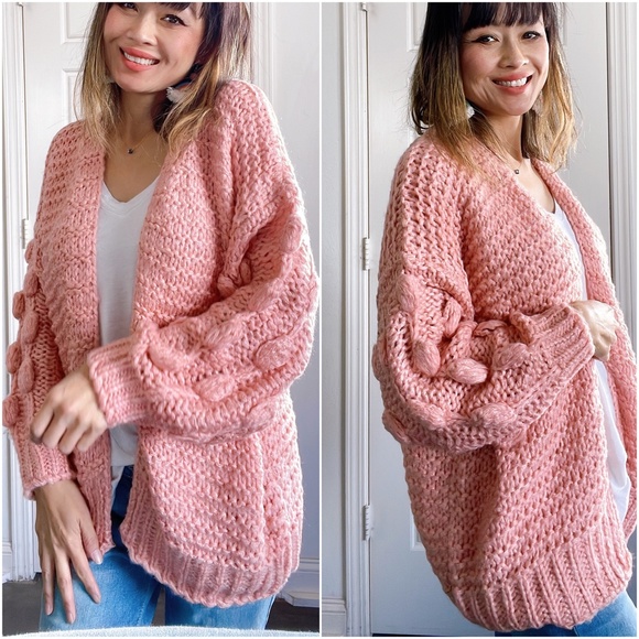 #33 Cozy Pink Oversized Open Front Pom Pom Cardigan - Picture 3 of 6